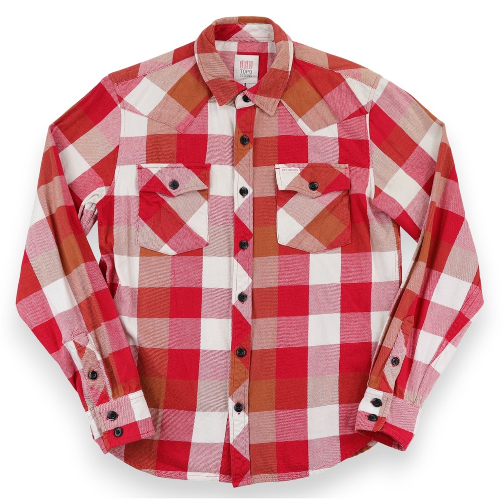 Topo Designs Mountain Shirt Camp Mens Medium Red Pink Tan Plaid Cotton Outdoor